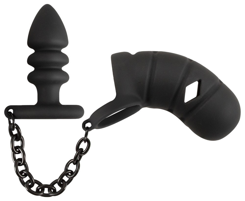 Alternative view of Black Velvets Cock cage with butt plug