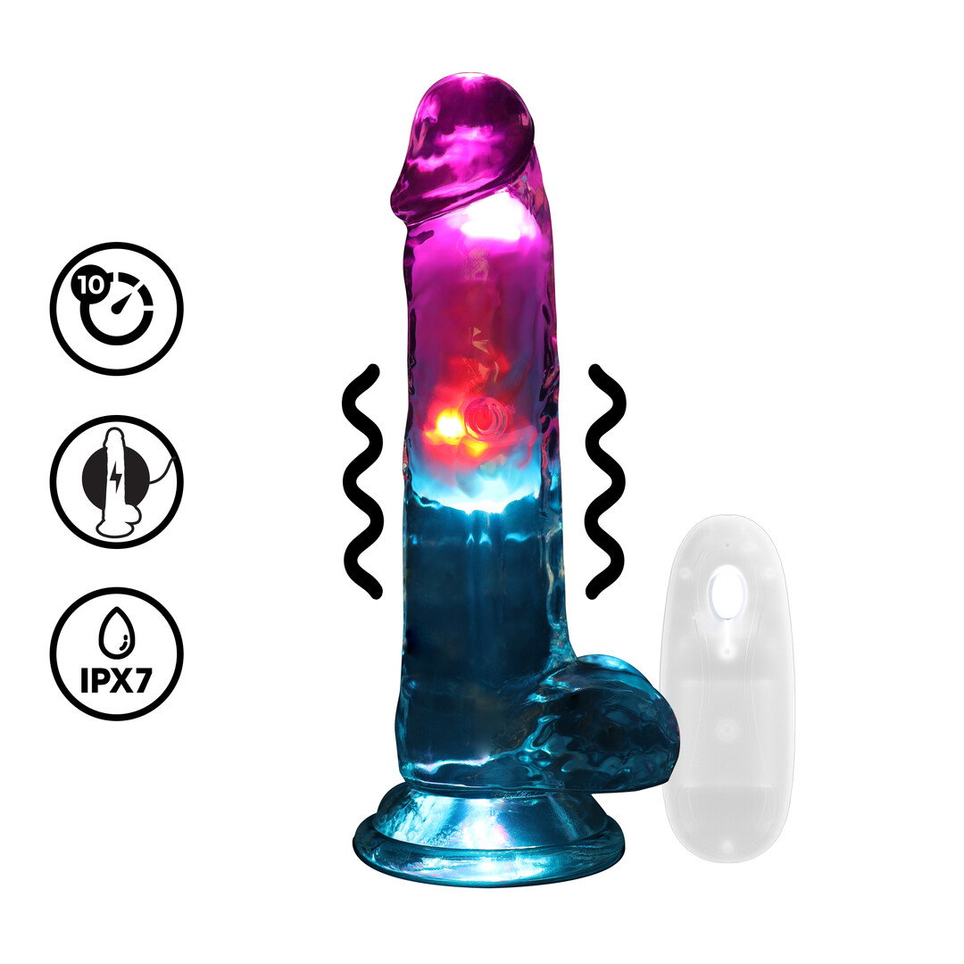RealRock by Shots LED Vibrating Gerader Penis mit Hoden - 7 / 18 cm - Transparent